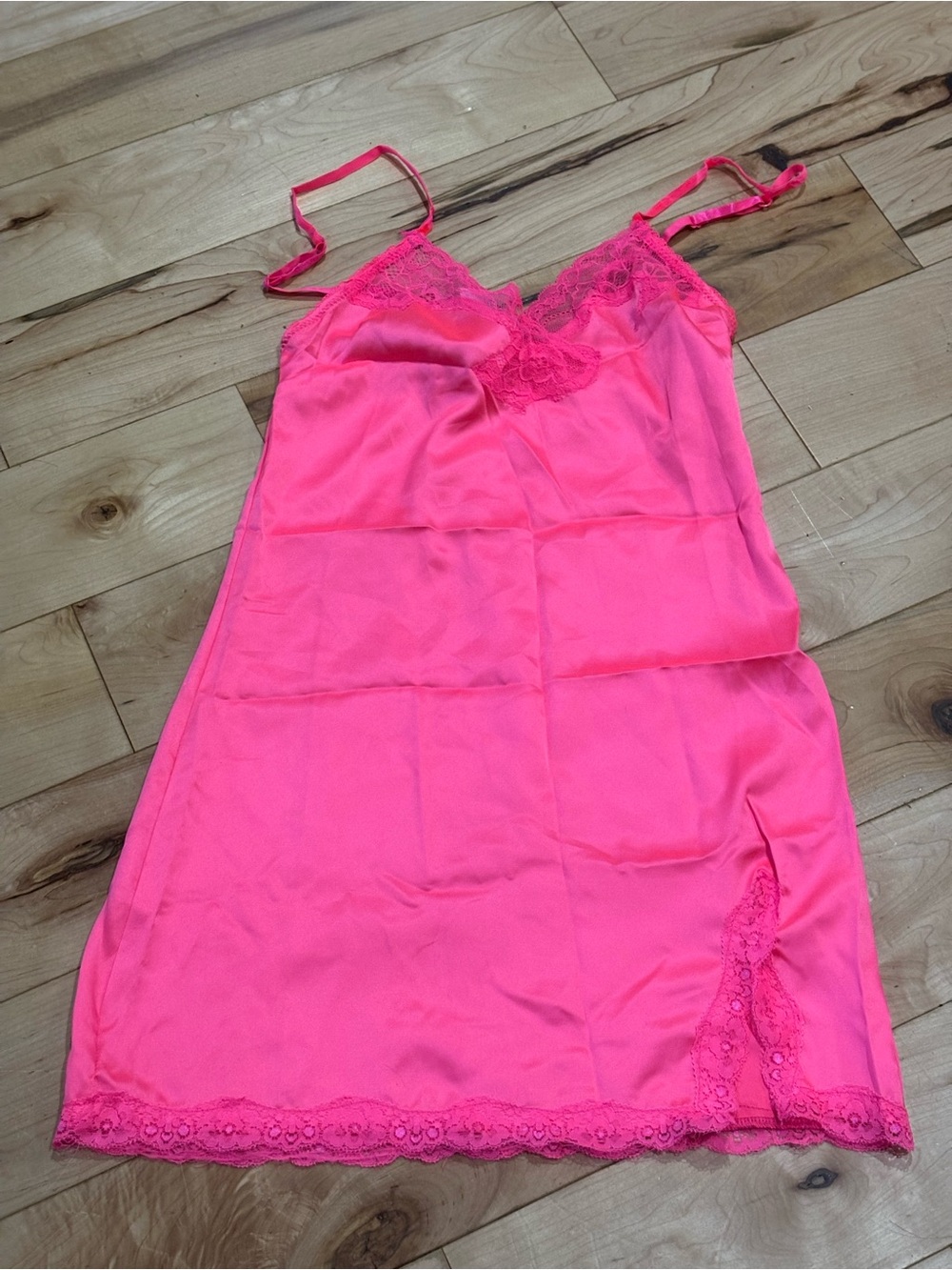 💚Neon Pink Lace-Trim Satin Slip Chemise